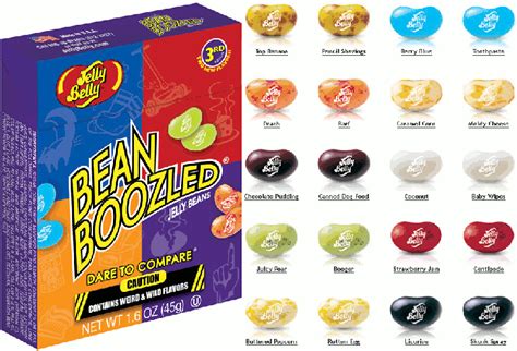 Jelly Belly BeanBoozled Jelly Beans, 20 Flavors, 3.5 Ounce Box. Jelly Belly BeanBoozled includes 20 flavors of Jelly Beans; 10 weird and wild flavors and 10 delicious flavors; Box includes a spinner wheel; Flavor Pairings in this Mix: Stink Bug/Toasted Marshmallow. Canned Dog Food/Chocolate Pudding; Rotten Egg/Buttered Popcorn; Toothpaste/Berry ... 